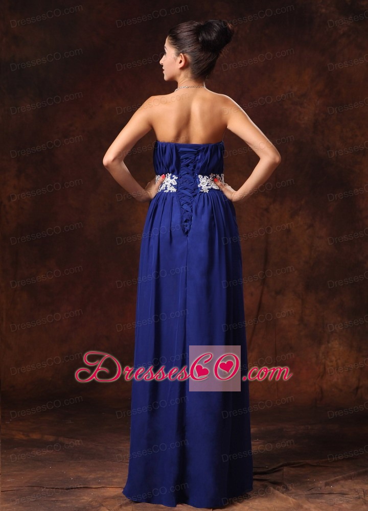 Blue Chiffon Appliques Decorate Waist Strapless Custom Made New Arrival Prom Gowns With Lace Up Back