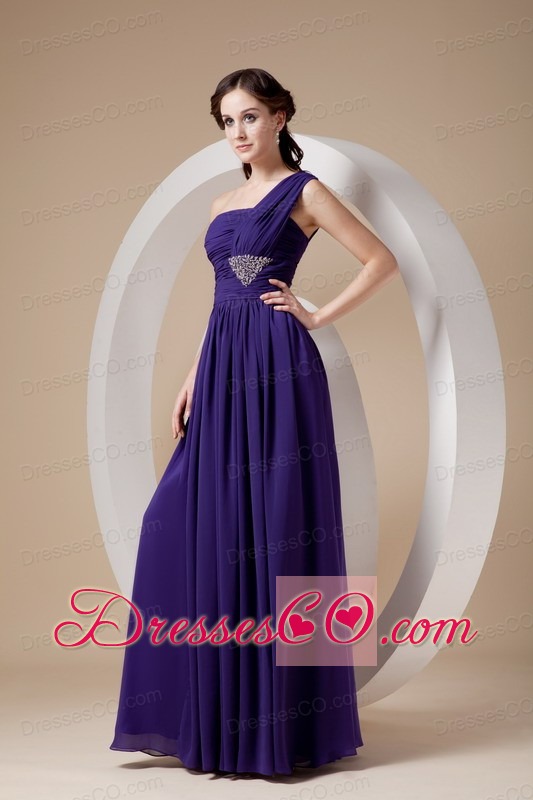 Purple Column / Sheath One Shoulder Long Chiffon Beading Prom Dress