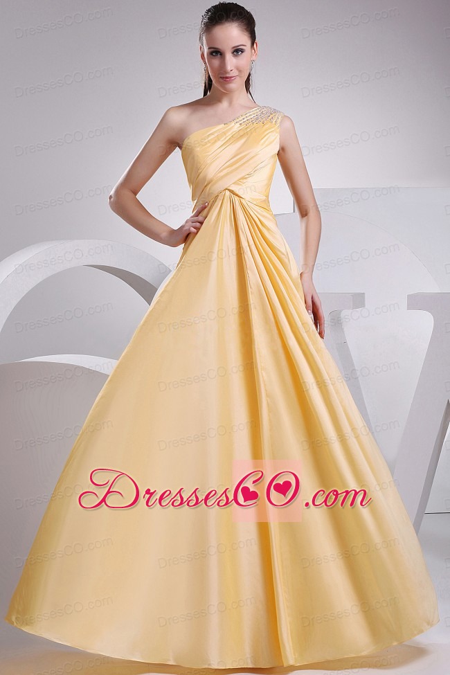 Beading And Ruching Decorate One Shoulder A-line Yellow Taffeta Prom Dress For Long
