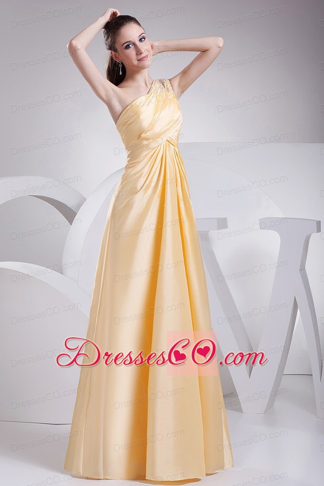 Beading And Ruching Decorate One Shoulder A-line Yellow Taffeta Prom Dress For Long