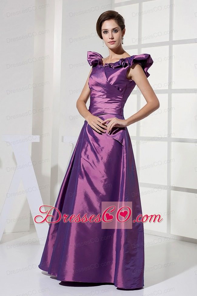 V-neck A-line Purple Taffeta Prom Dress Long