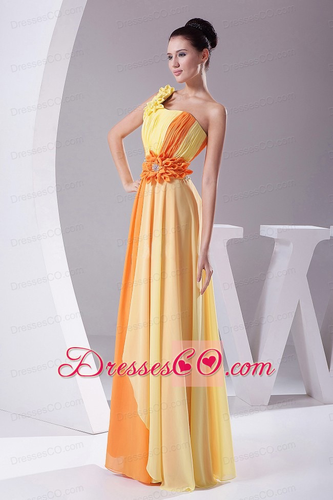Hand Made Flowers With Beading And Ruching Decorate Bodice Orange And Yellow Chiffon Prom Dress Long