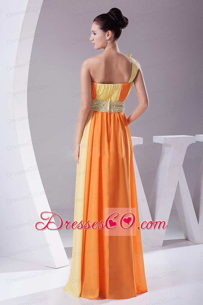 Hand Made Flowers With Beading And Ruching Decorate Bodice Orange And Yellow Chiffon Prom Dress Long