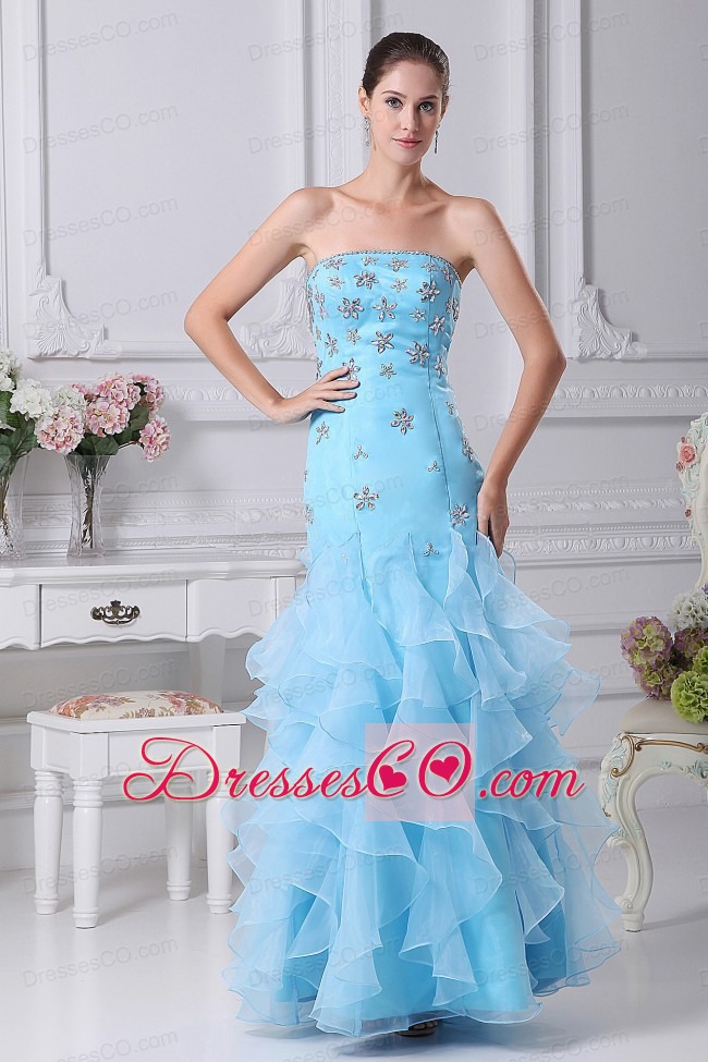 Beading And Ruffles Decorate Bodice Mermaid Aqua Blue Ankle-length Prom Dress For Strapless