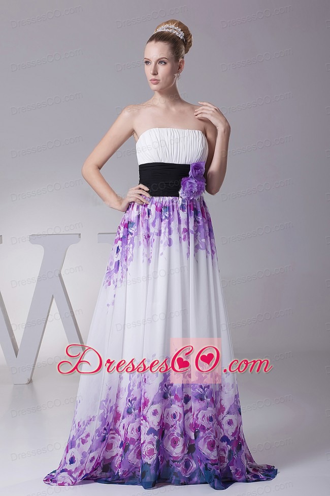 Printing Prom Dress With Hand Made Flowers and Ruche