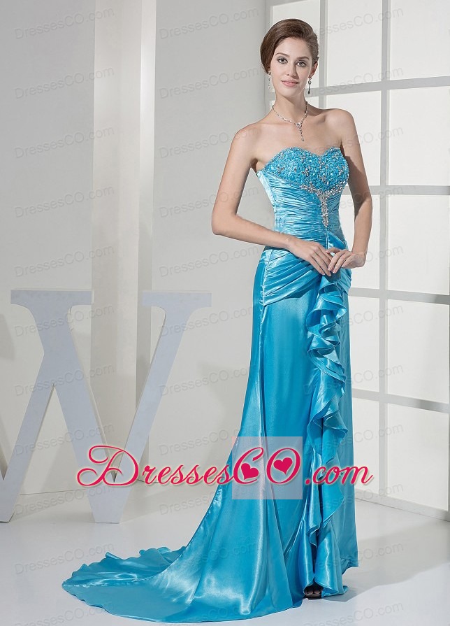 Beaded Decorate Bust and Ruched Bodice For Teal Prom Dress