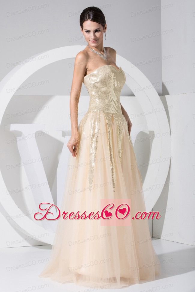 Sequin Decorate Bodice Tulle Champagne Long Prom Dress