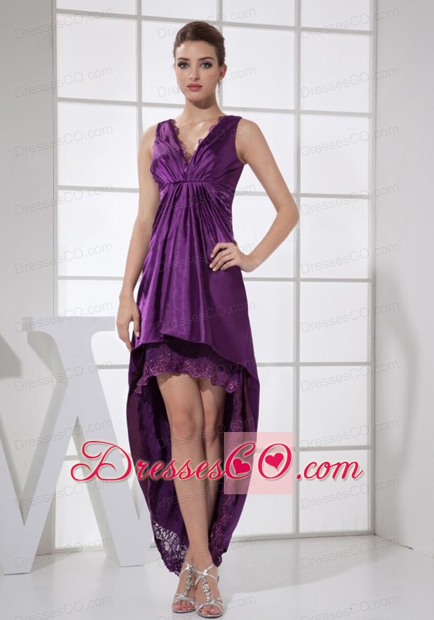V-neck Purple and High-low For Custom Made Prom Dress