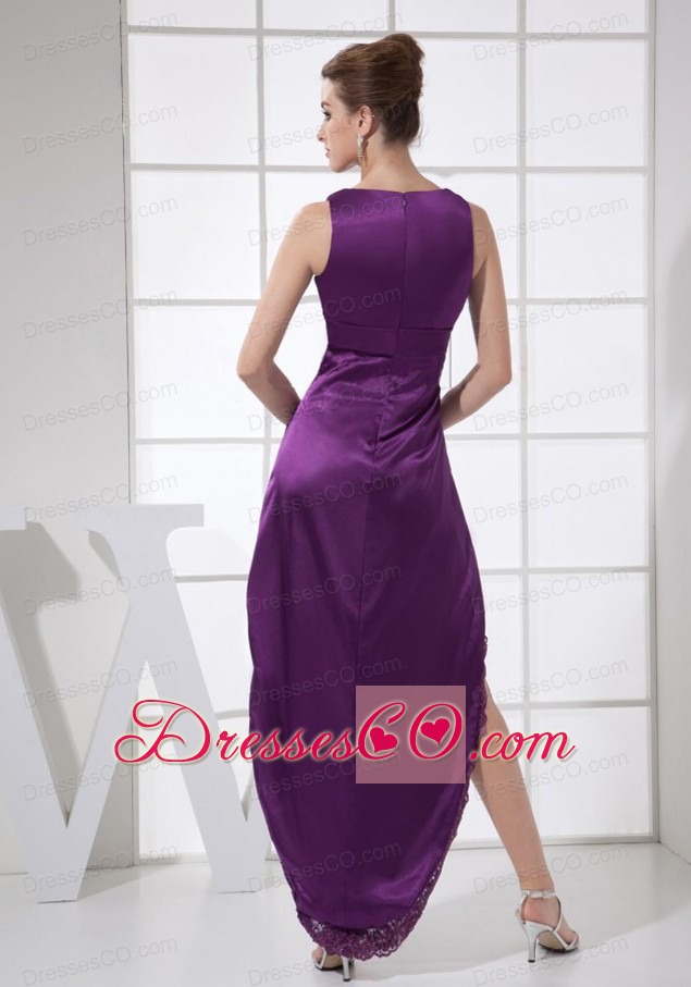 V-neck Purple and High-low For Custom Made Prom Dress
