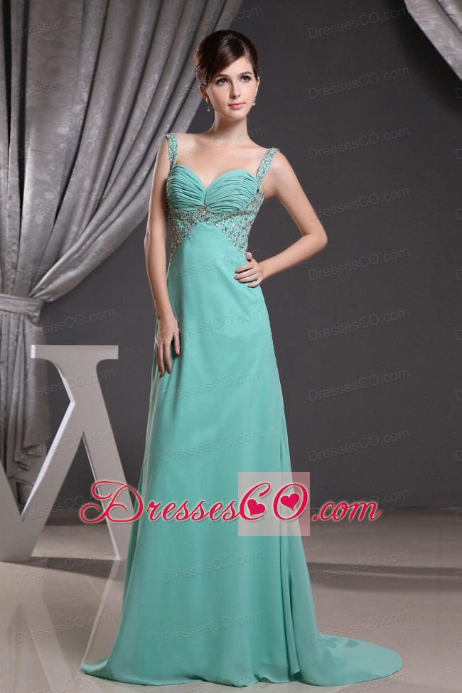 Straps Beading Ruched Brush Train and Turquoise Prom Dress