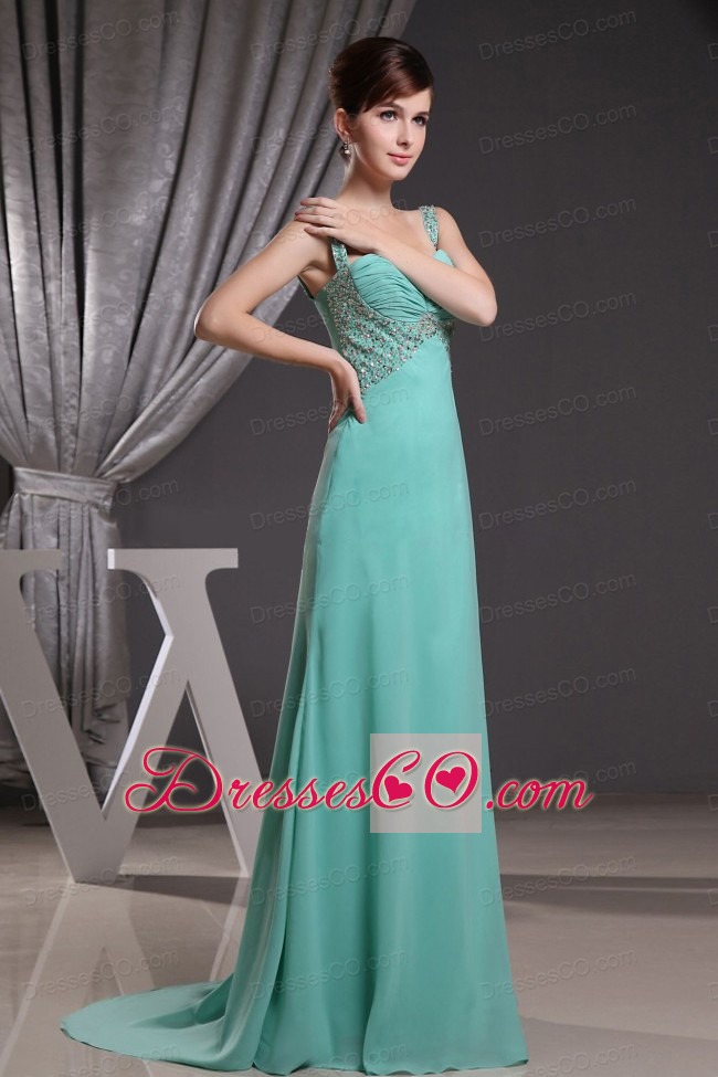 Straps Beading Ruched Brush Train and Turquoise Prom Dress