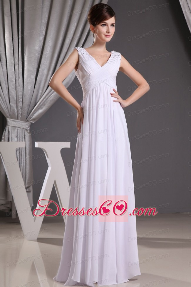 White V-neck Beading and Ruching Empire Chiffon Prom Dress