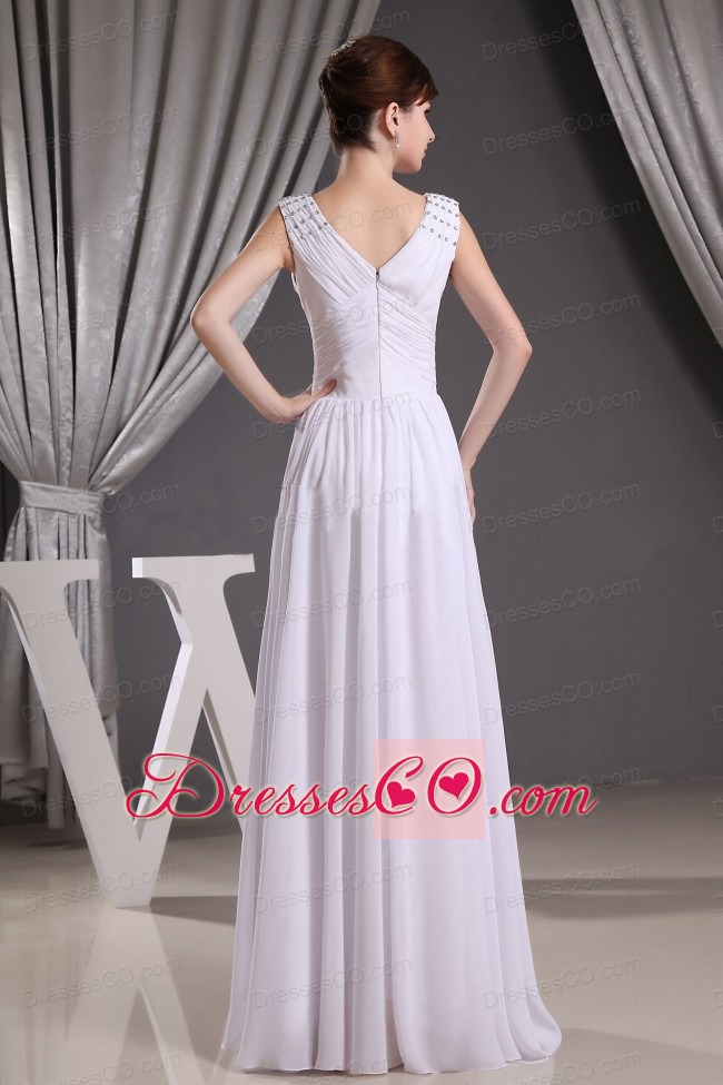 White V-neck Beading and Ruching Empire Chiffon Prom Dress