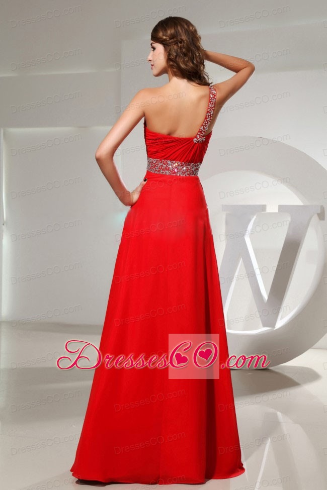 Beaded Decorate One Shoulder and Waist Red Prom Dress