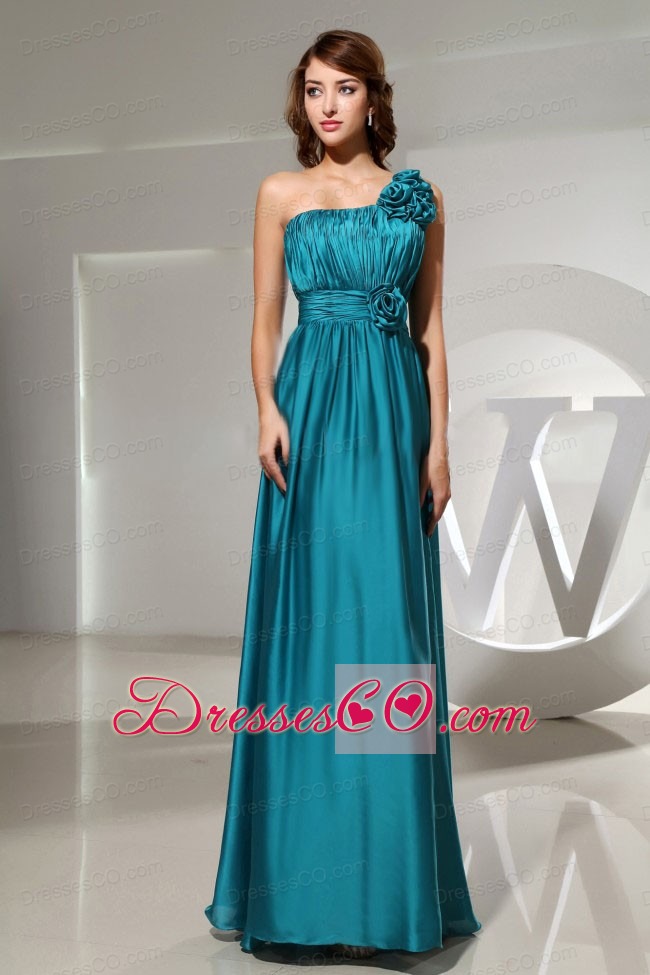 Hand-made Flowers Elastic Woven Satin One Shoulder Empire Teal Long Formal Prom Dress