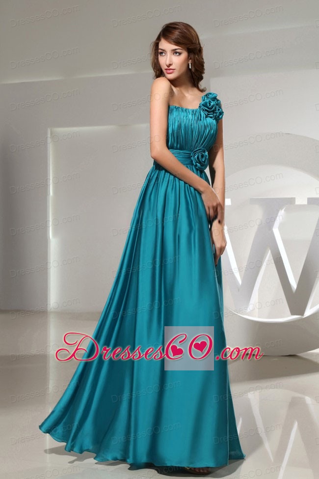 Hand-made Flowers Elastic Woven Satin One Shoulder Empire Teal Long Formal Prom Dress