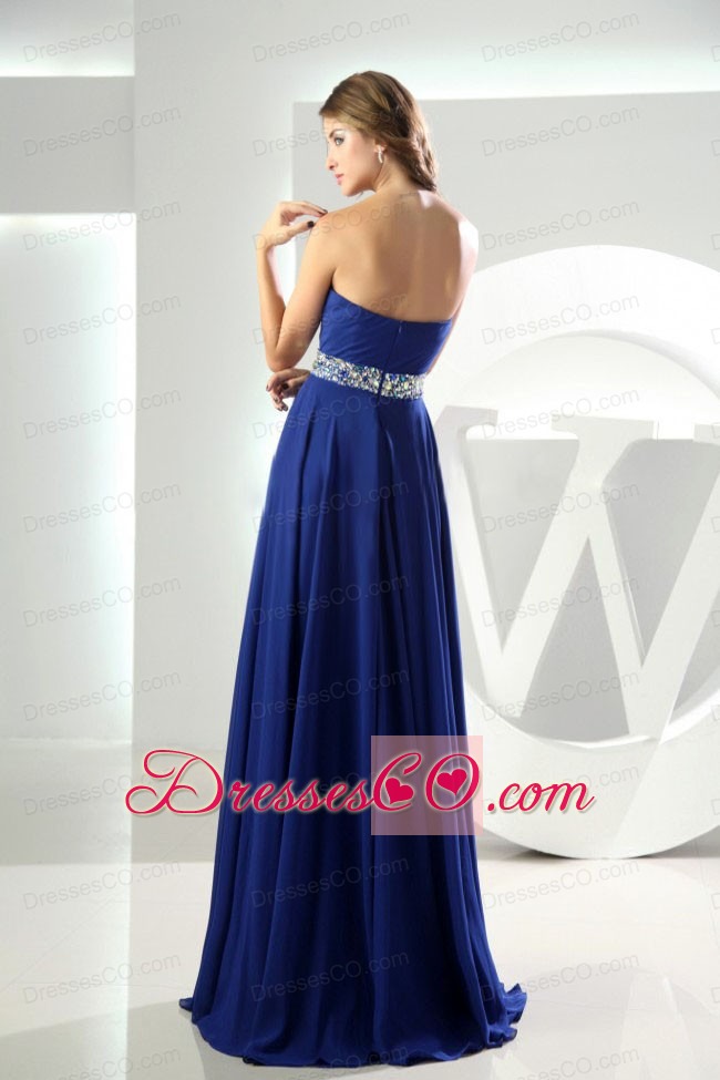 Beaded Decorate Waist Empire Chiffon Long Royal Blue Prom Dress