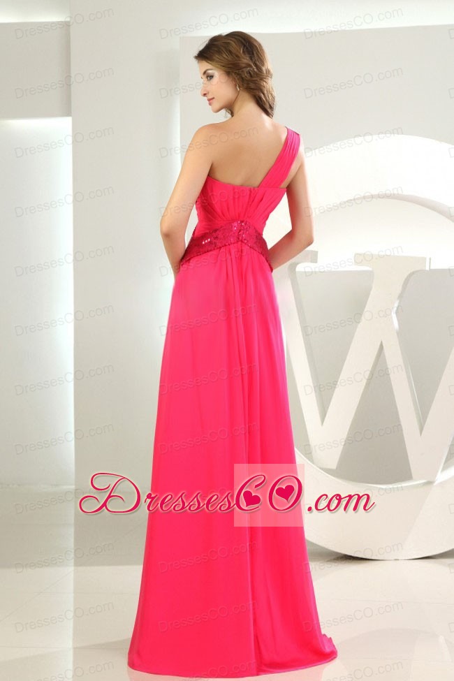 One Shoulder Chiffon Hot Pink Empire Long Prom Dress