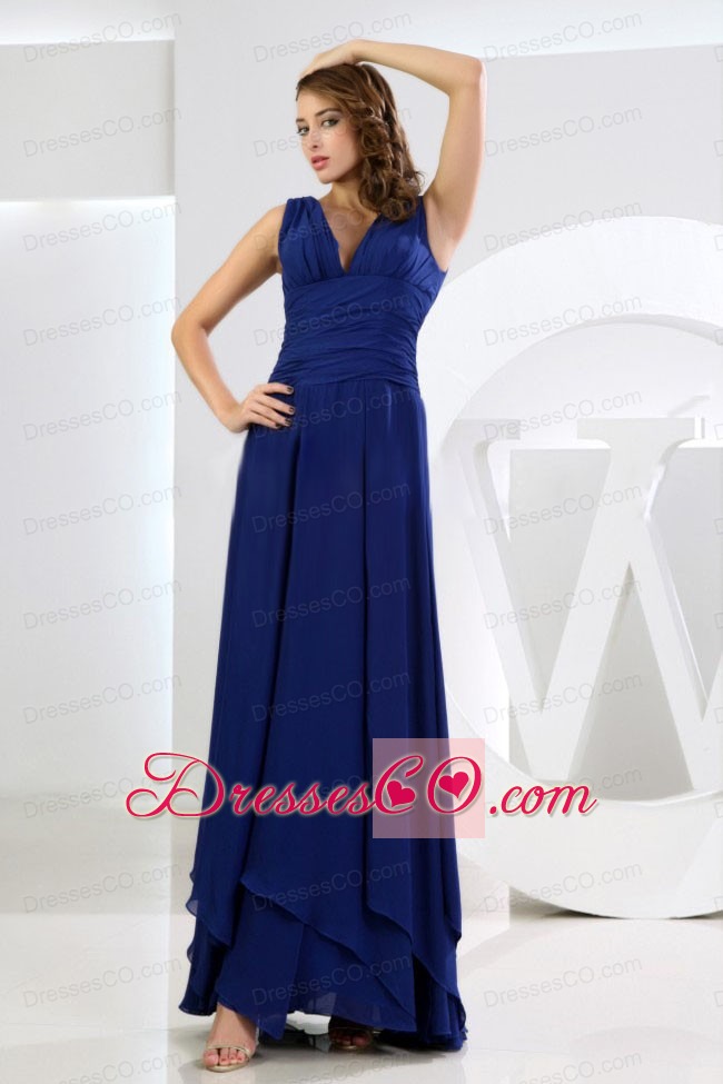 Column / Sheath V-neck Chiffon Royal Blue Ankle-length Bridesmaid Dress