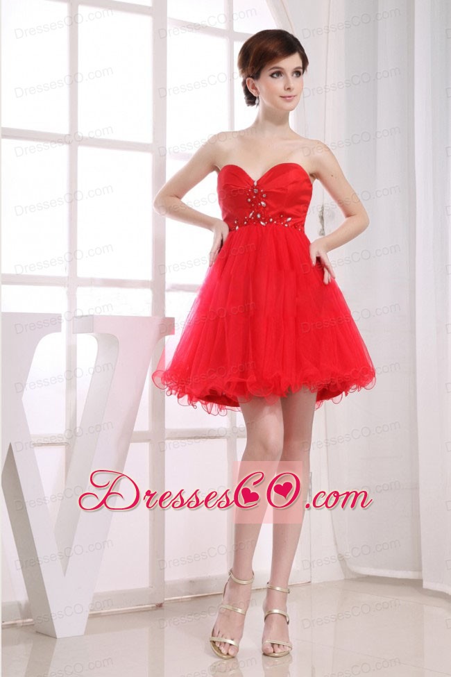 Beading Tulle Mini-length A-line Red Prom Dress