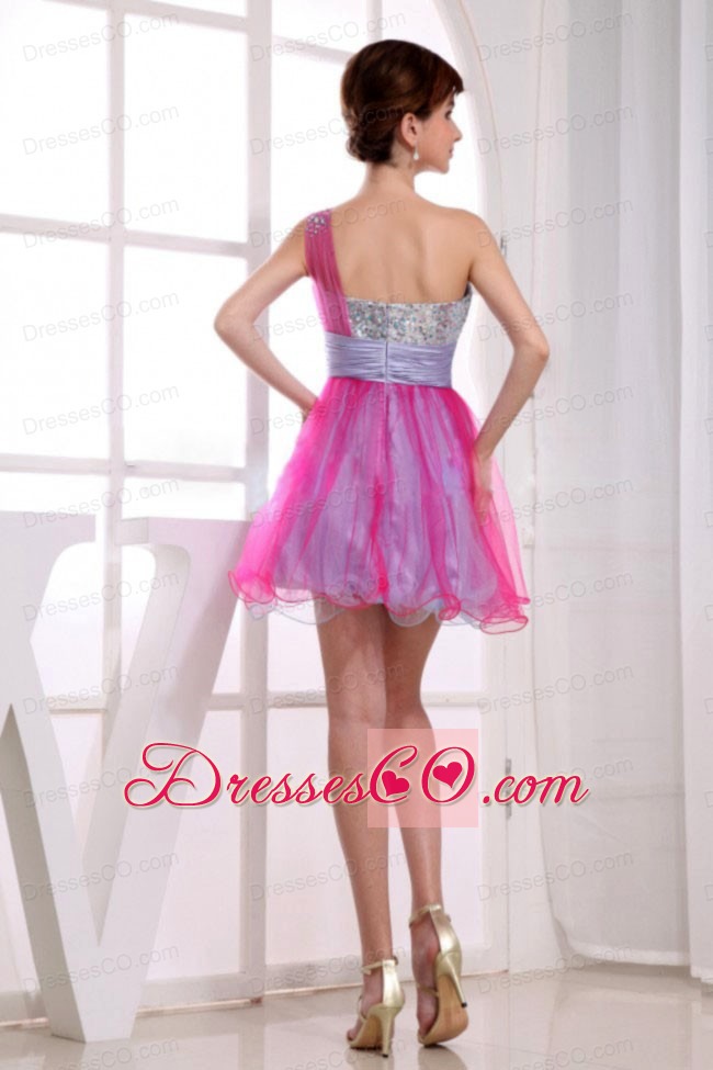 A-line One Shoulder Hot Pink Organza Mini-length Beading Prom Dress