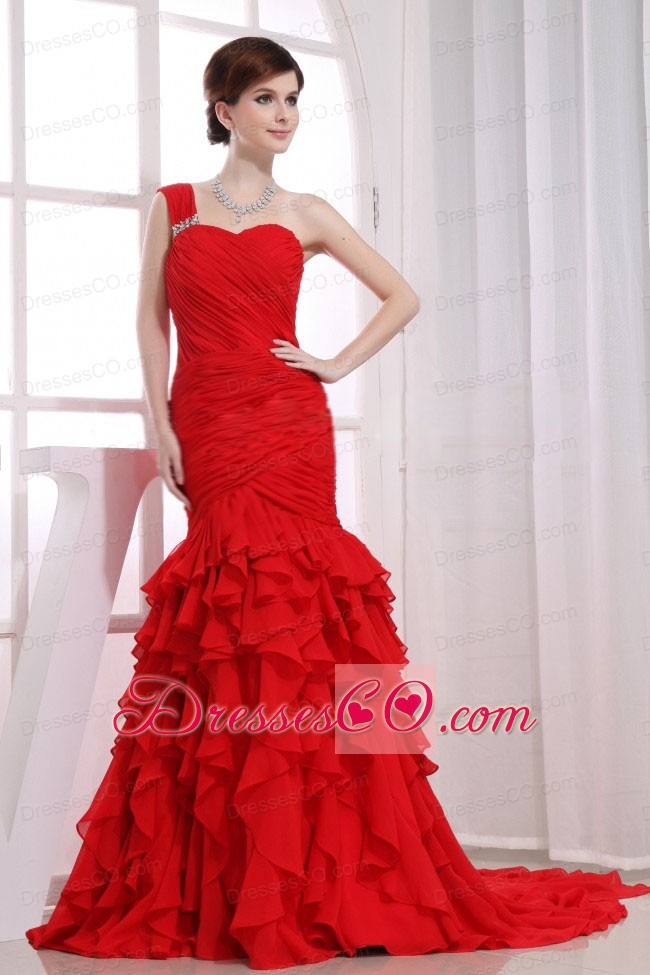 Mermaid Ruffles Chiffon Watteau Red One Shoulder Prom Dress