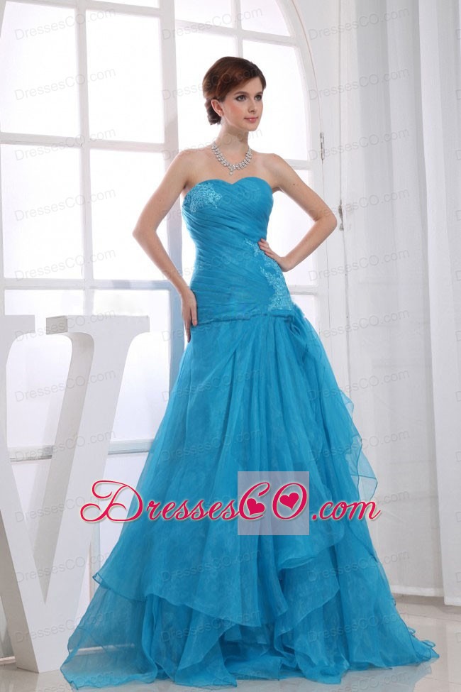 A-line Long Ruched Organza Prom Dress Blue