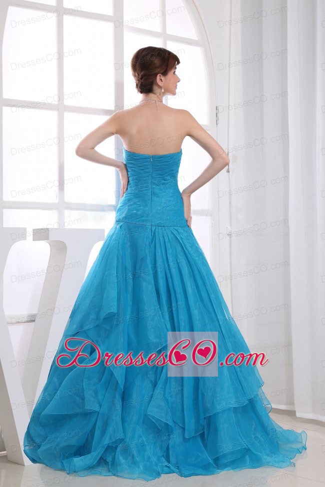 A-line Long Ruched Organza Prom Dress Blue