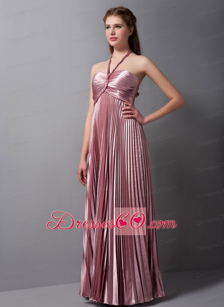 Pink Column Halter Long Elastic Woven Satin Pleat Prom Dress