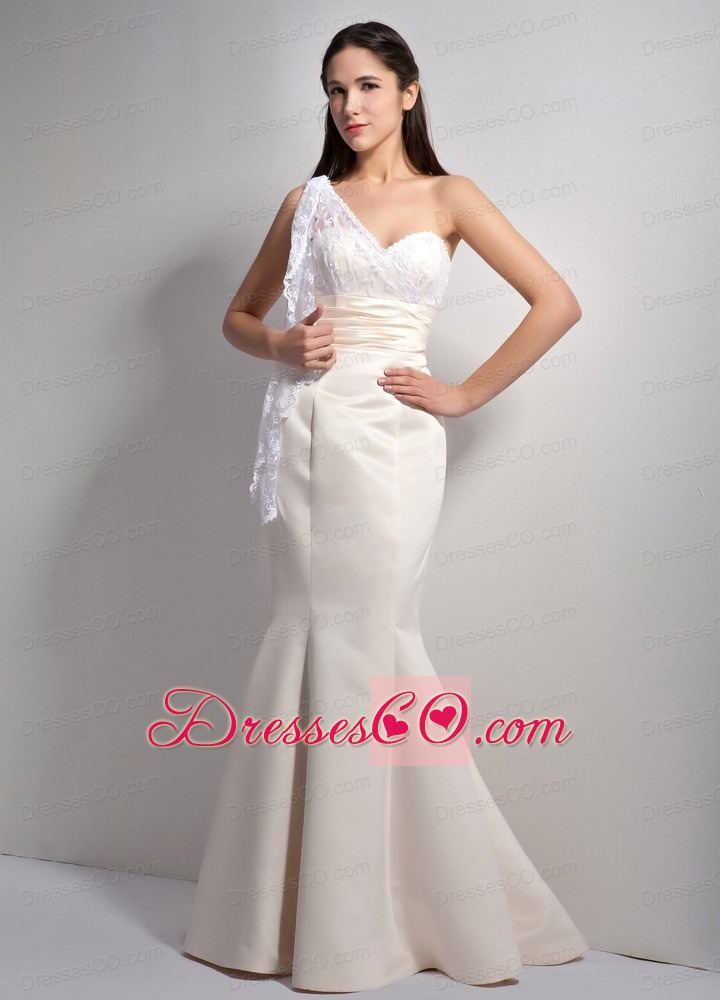 Classical Off White Mermaid One Shoulder Long Satin And Lace Prom Dress