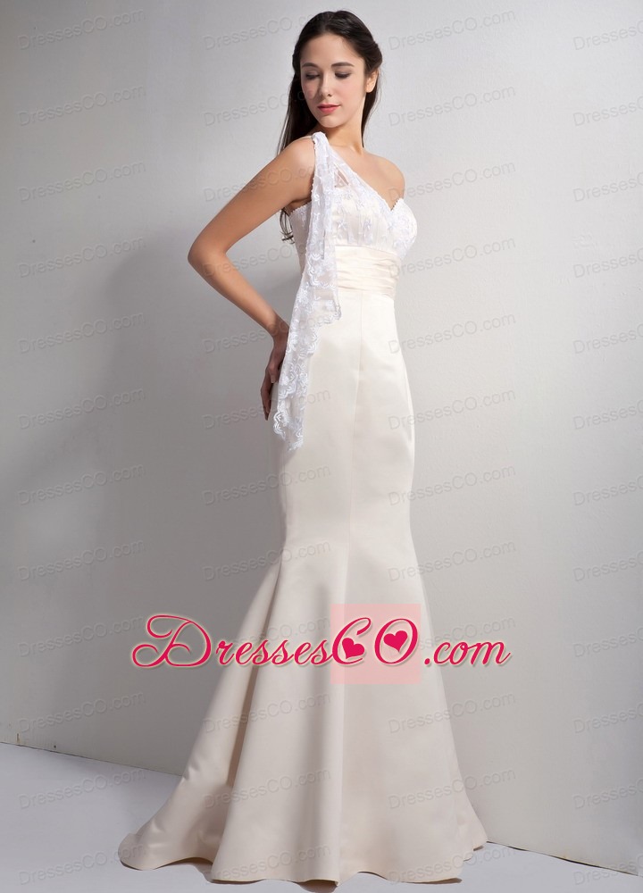 Classical Off White Mermaid One Shoulder Long Satin And Lace Prom Dress