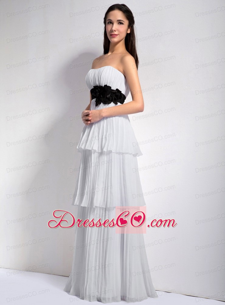 White Empire Strapless Long Chiffon Hand Made Flower Prom Dress