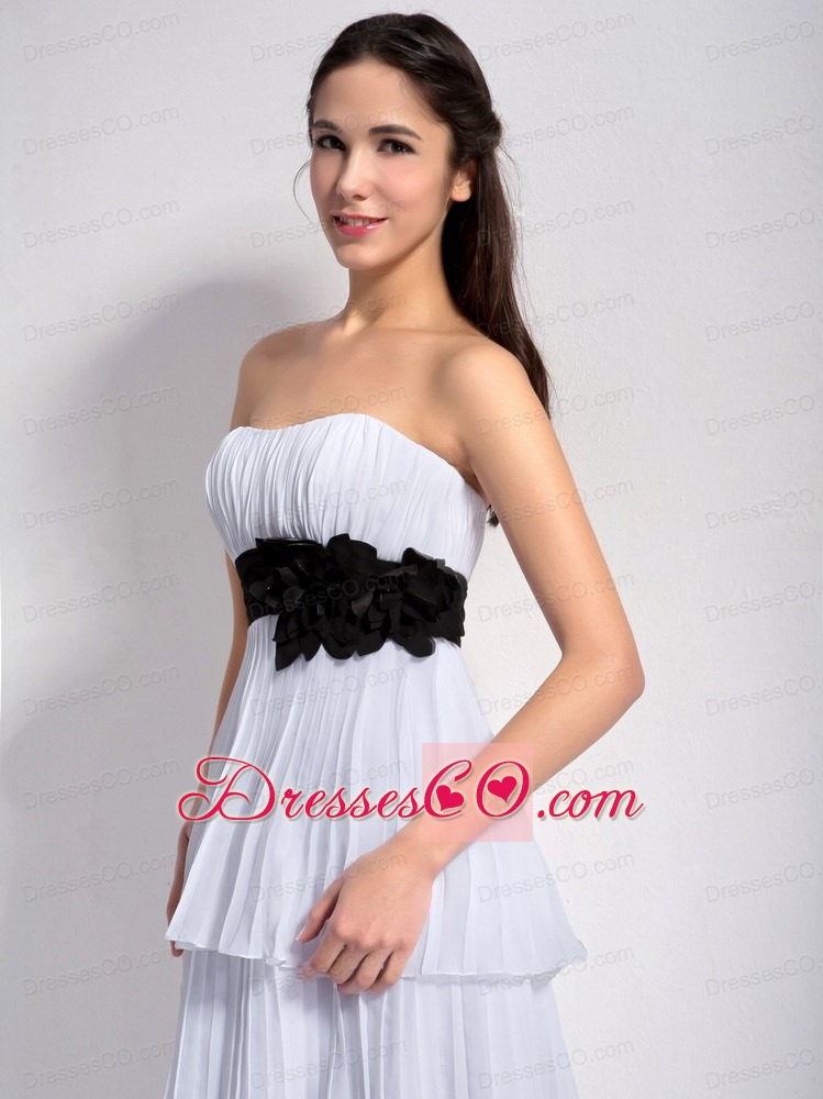 White Empire Strapless Long Chiffon Hand Made Flower Prom Dress