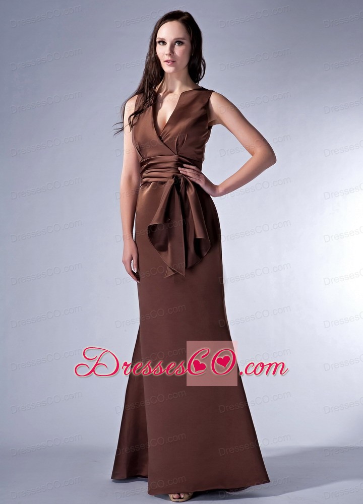 Elegant Brown Cloumn V-neck Satin Ruched Long Prom Dress