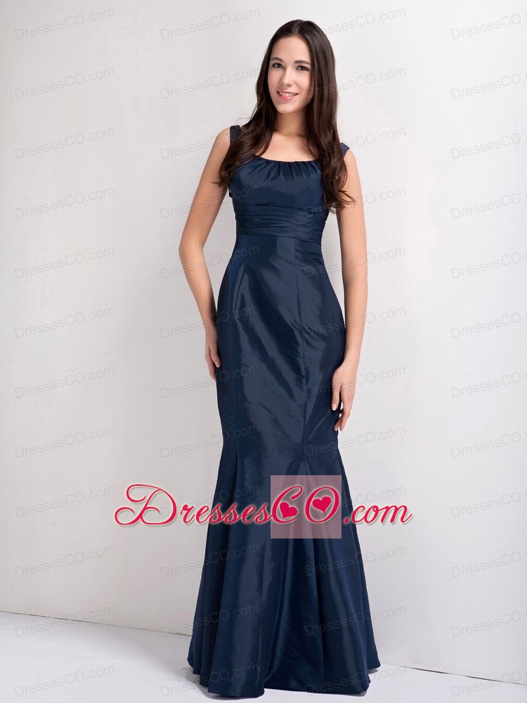 Navy Blue Mermaid Scoop Long Taffeta Ruched Prom Dress