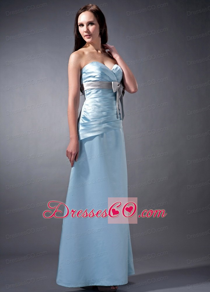 The Super Hot Baby Blue Column Ruche And Bow Ankle-length Prom Dress