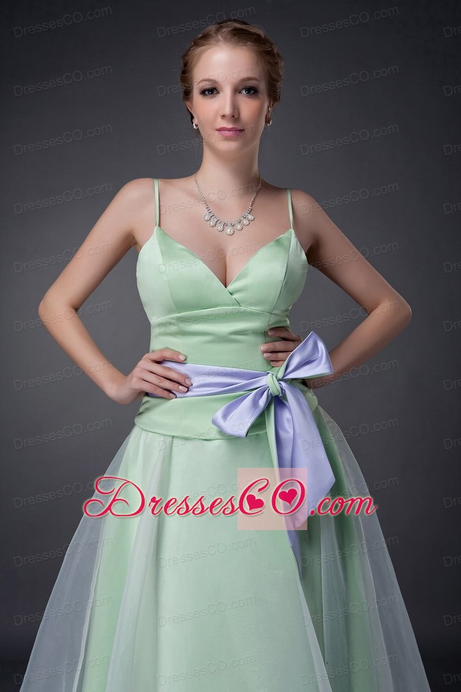 Sweet Apple Green A-line Straps Mother Of The Bride Dress Tea-length Organza Bowknot