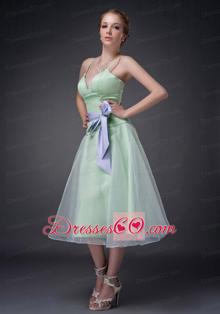 Sweet Apple Green A-line Straps Mother Of The Bride Dress Tea-length Organza Bowknot