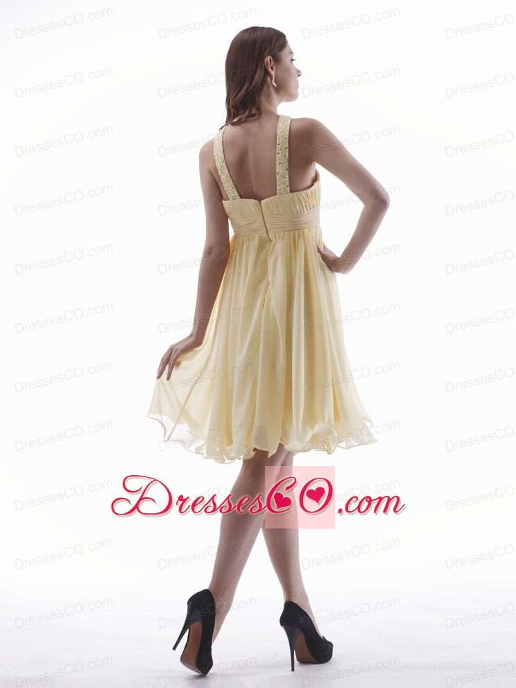Yellow Prom / Homecoming Dress With Beaded V-neck Knee-length Chiffon