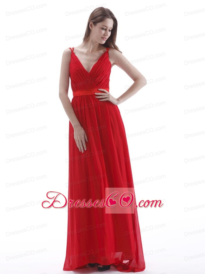 V-neck With Ruched Long Chiffon Red Prom Dress