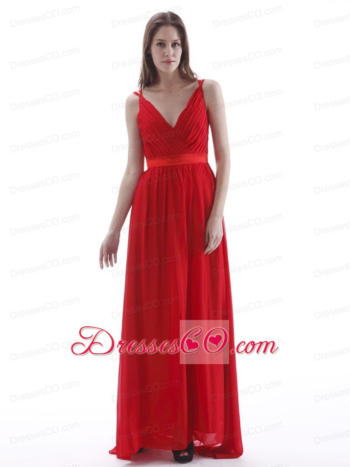 V-neck With Ruched Long Chiffon Red Prom Dress