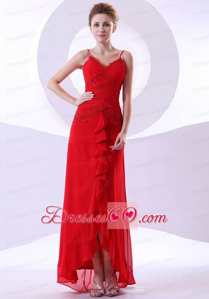 Beading Decorate Bodice Straps Red Chiffon Ankle-length Prom Dress