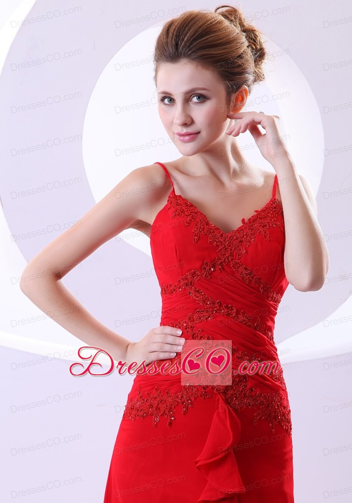 Beading Decorate Bodice Straps Red Chiffon Ankle-length Prom Dress