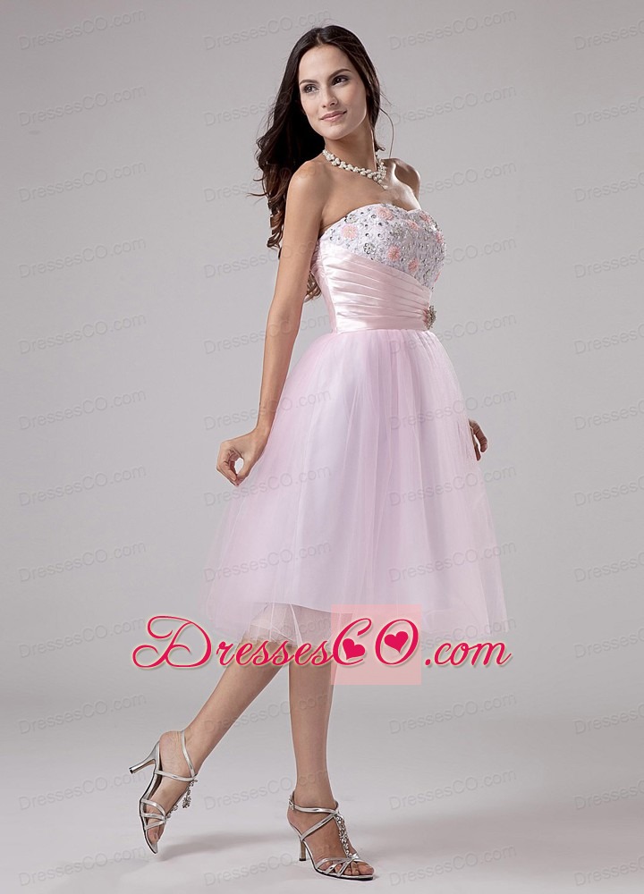 Lace And Beading Strapless Tulle Knee-length A-line Lace And Beading Prom Dress Pink