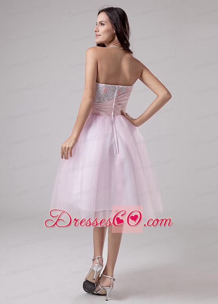 Lace And Beading Strapless Tulle Knee-length A-line Lace And Beading Prom Dress Pink
