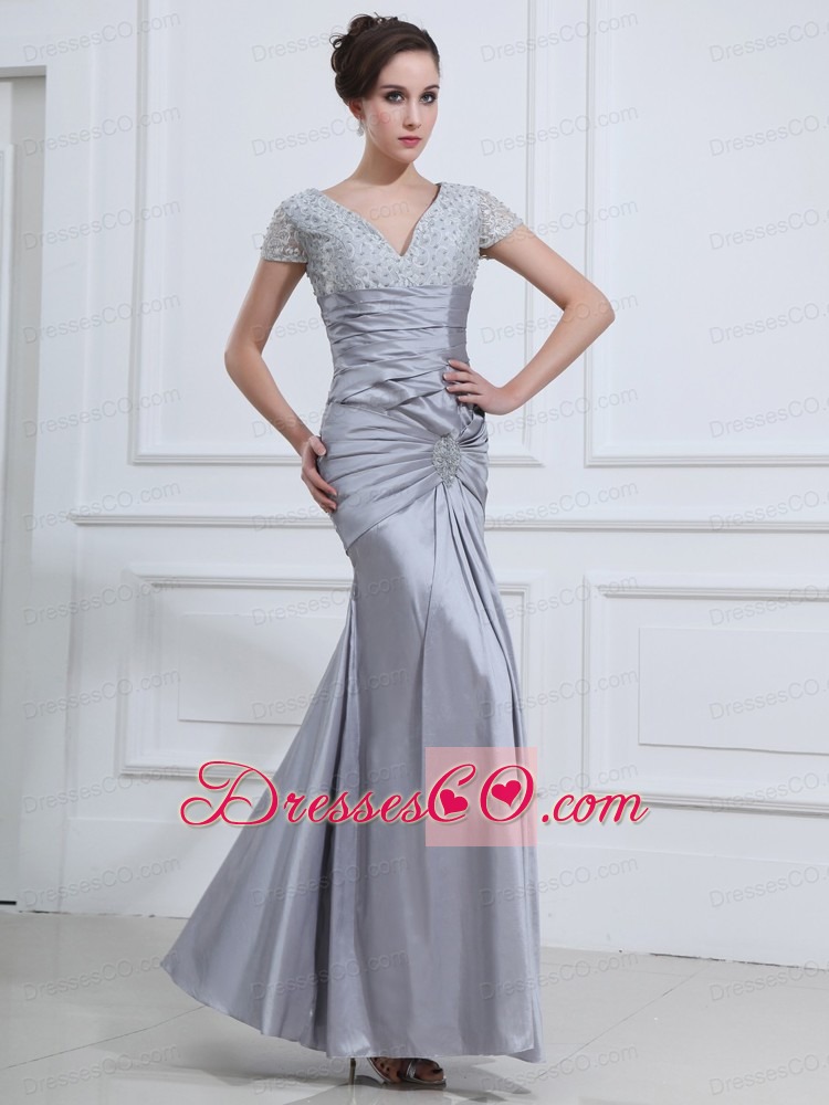 Beading V-neck Mermaid Taffeta Ankle-length Prom Dress Grey