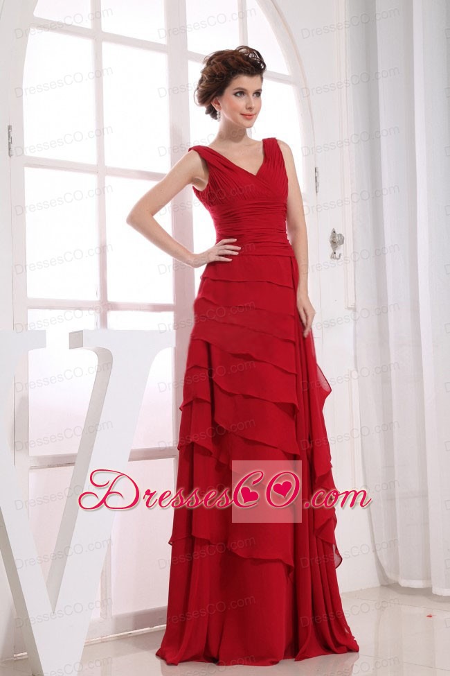 Ruffled Layers Wine Red Chiffon V-neck Prom Dress Long