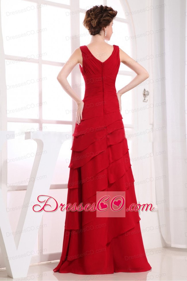 Ruffled Layers Wine Red Chiffon V-neck Prom Dress Long