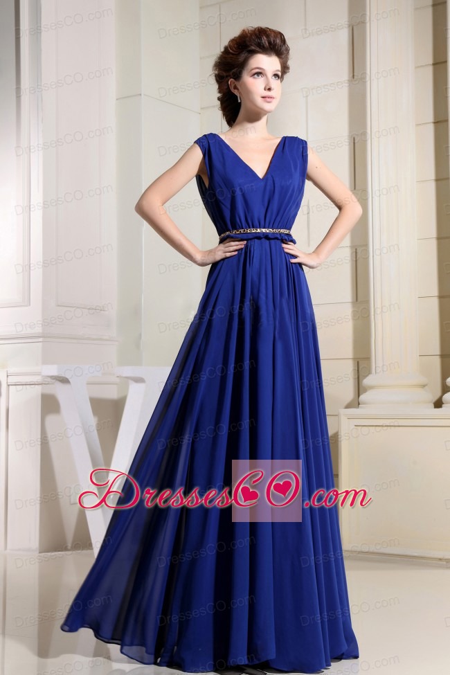 Royal Blue Prom Dress With V-neck Chiffon