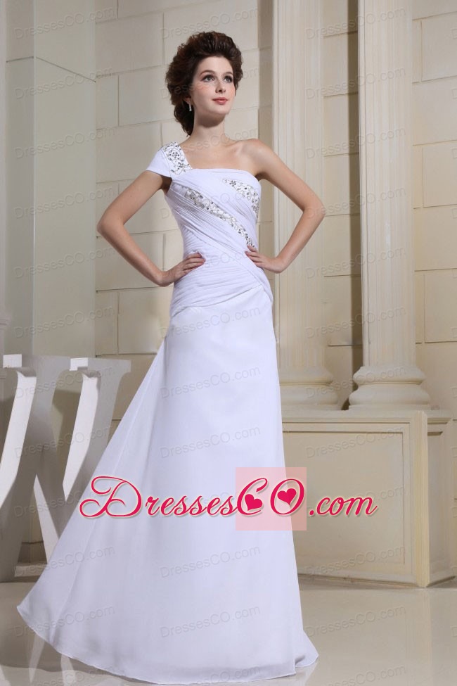 White Beaded Decorate One Shoulder and Bodice For Custom Made Prom Dress